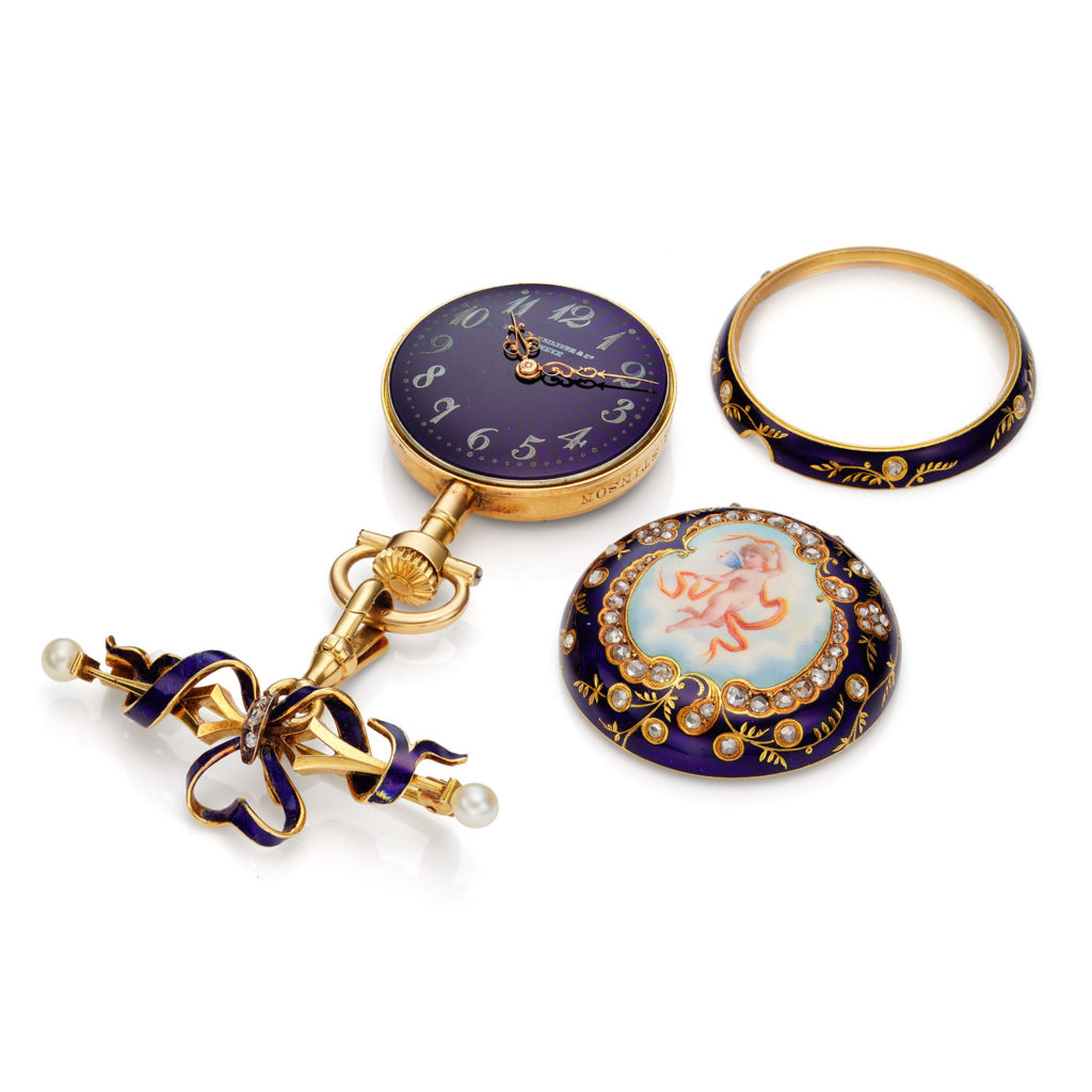 PATEK PHILIPPE YELLOW GOLD, DIAMOND AND MINIATURE ENAMEL LAPEL WATCH