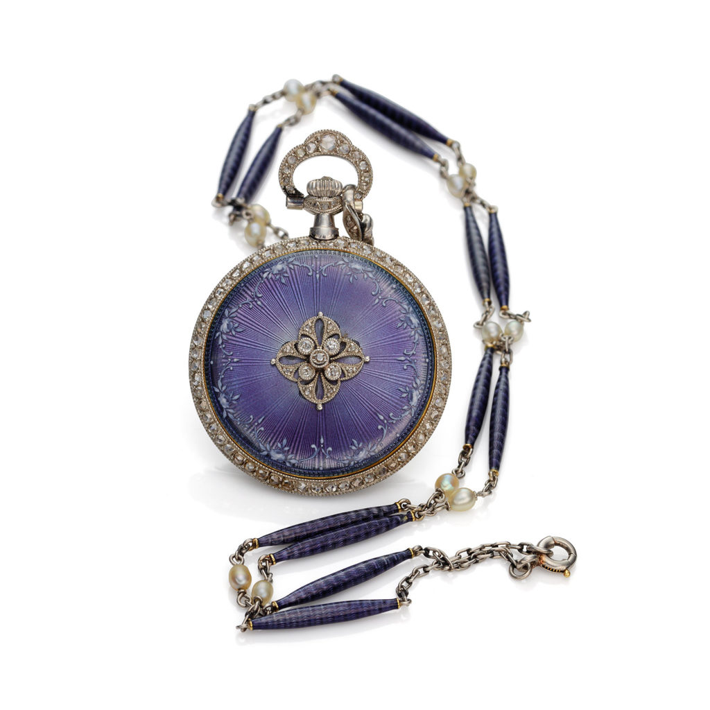 PATEK PHILIPPE PLATINUM, DIAMOND, PEARL AND ENAMEL PENDANT WATCH