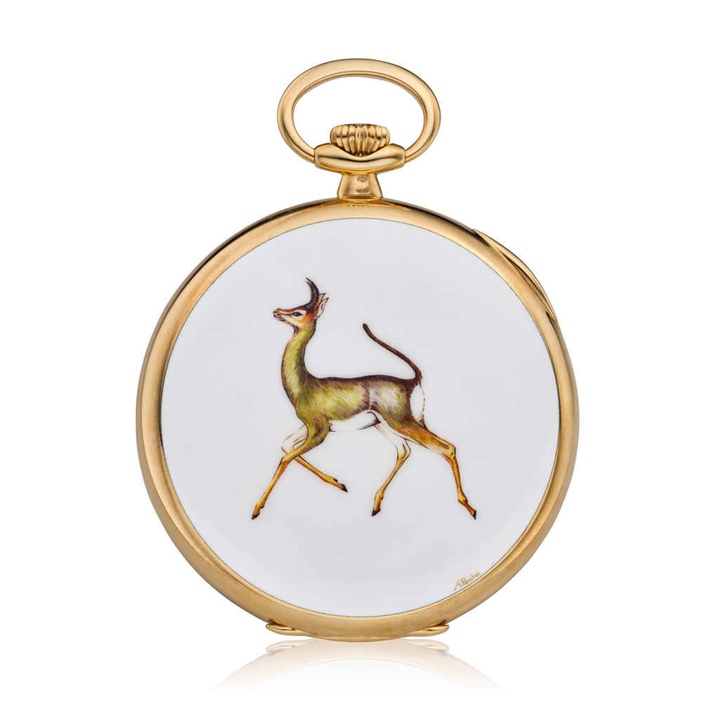 PATEK PHILIPPE YELLOW GOLD MINIATURE ENAMEL OPEN FACE POCKET WATCH, 'SPRINGBOK' REF. 974/24J