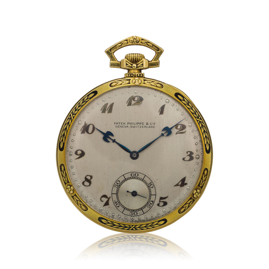 PATEK PHILIPPE YELLOW GOLD AND ENAMEL POCKET WATCH WITH SPADE HANDS