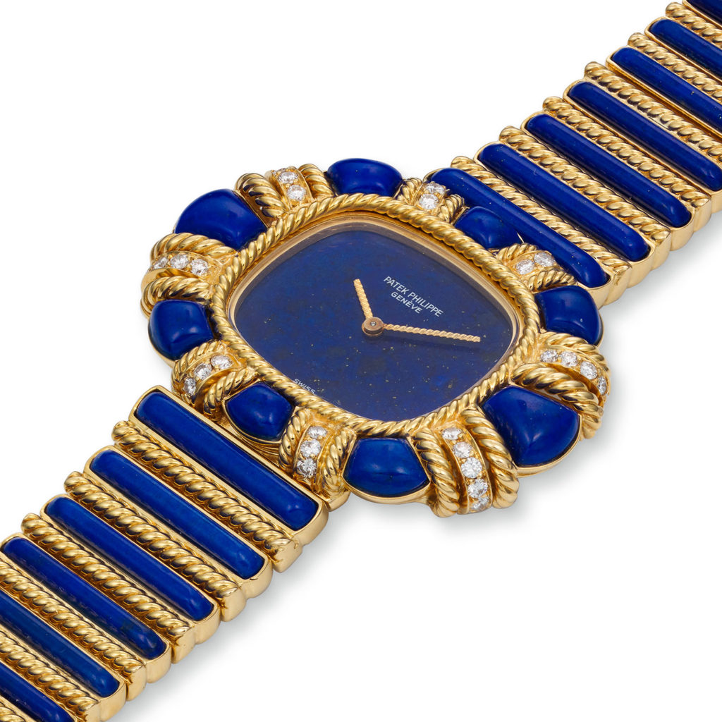 PATEK PHILIPPE YELLOW GOLD, DIAMOND AND LAPIS LAZULI BRACELET ELLIPSE WITH MATCHING EARRINGS AND RING, REF. 4361/3J