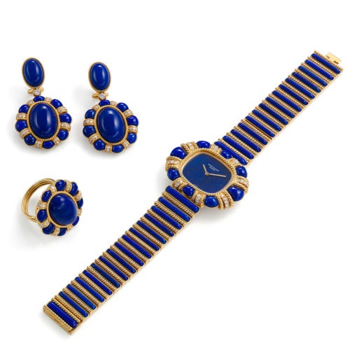 PATEK PHILIPPE YELLOW GOLD, DIAMOND AND LAPIS LAZULI BRACELET ELLIPSE WITH MATCHING EARRINGS AND RING, REF. 4361/3J