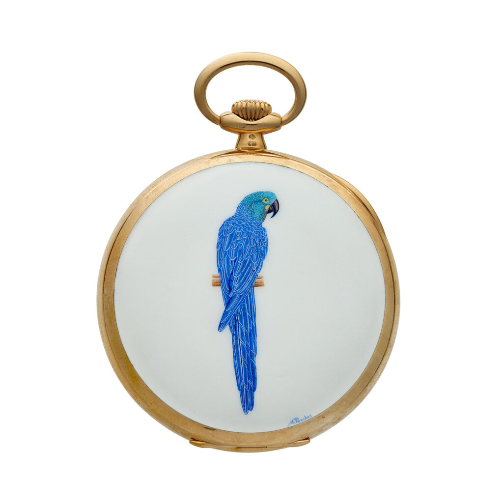 PATEK PHILIPPE YELLOW GOLD MINIATURE ENAMEL OPEN FACE POCKET WATCH, ‘BLUE MACAW’ REF. 974/31J