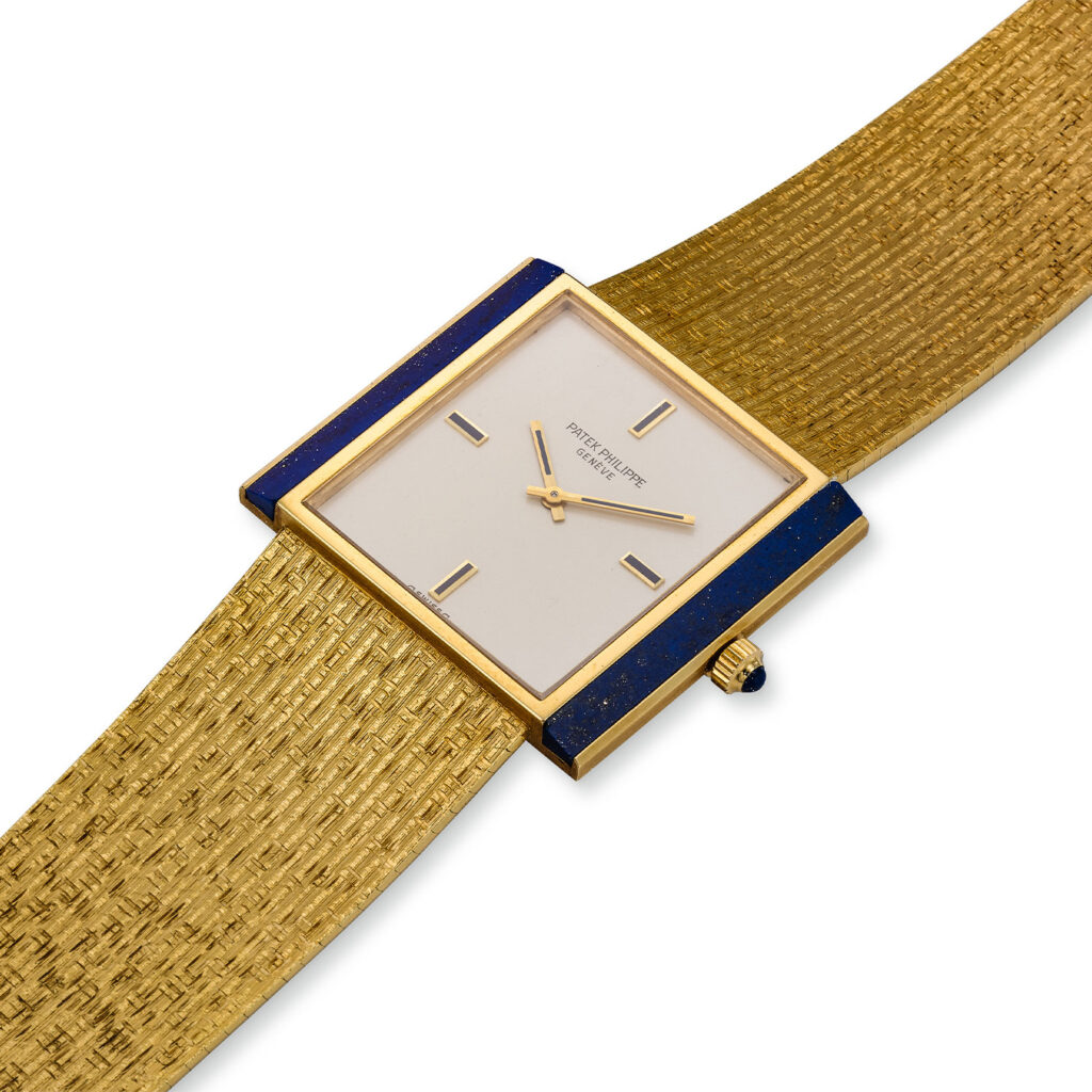 PATEK PHILIPPE YELLOW GOLD AND LAPIS RECTANGULAR BRACELET WATCH REF. 3578/1J