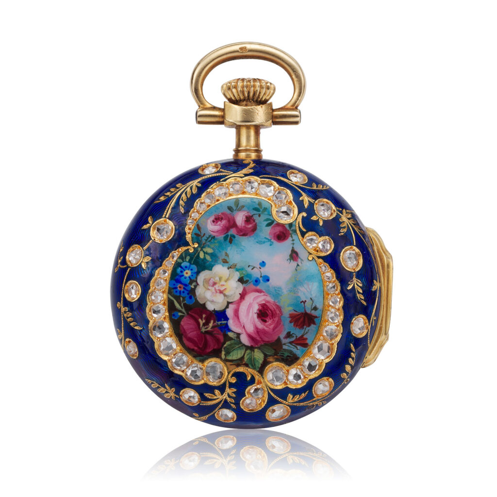 PATEK PHILIPPE YELLOW GOLD AND DIAMOND MINIATURE ENAMEL PENDANT WATCH