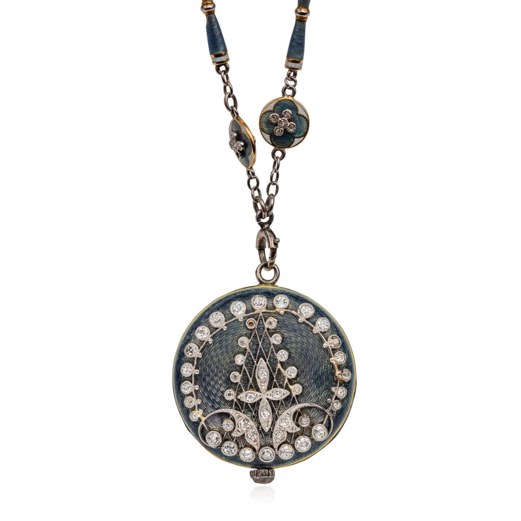 PATEK PHILIPPE PLATINUM, DIAMOND AND ENAMEL 'GUIRLANDE-STYLE' PENDANT WATCH