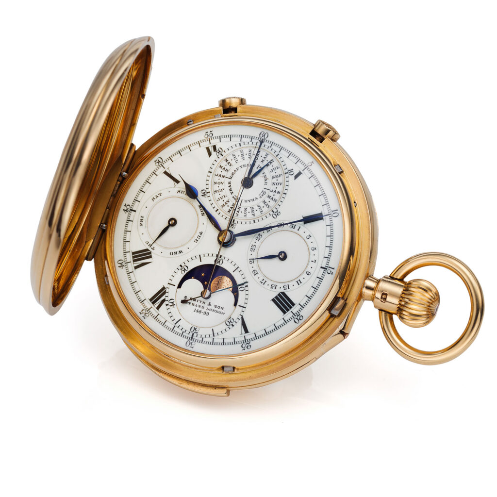 S. SMITH AND SON MINUTE REPEATING SPLIT SECONDS PERPETUAL CALENDAR POCKET WATCH