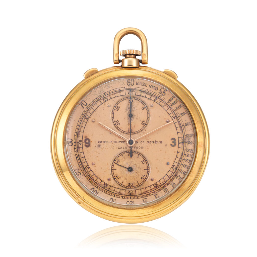 PATEK PHILIPPE CHRONOGRAPH POCKET WATCH, RETAILED BY CASA MASSON, BRAZIL, CIRCA 1942