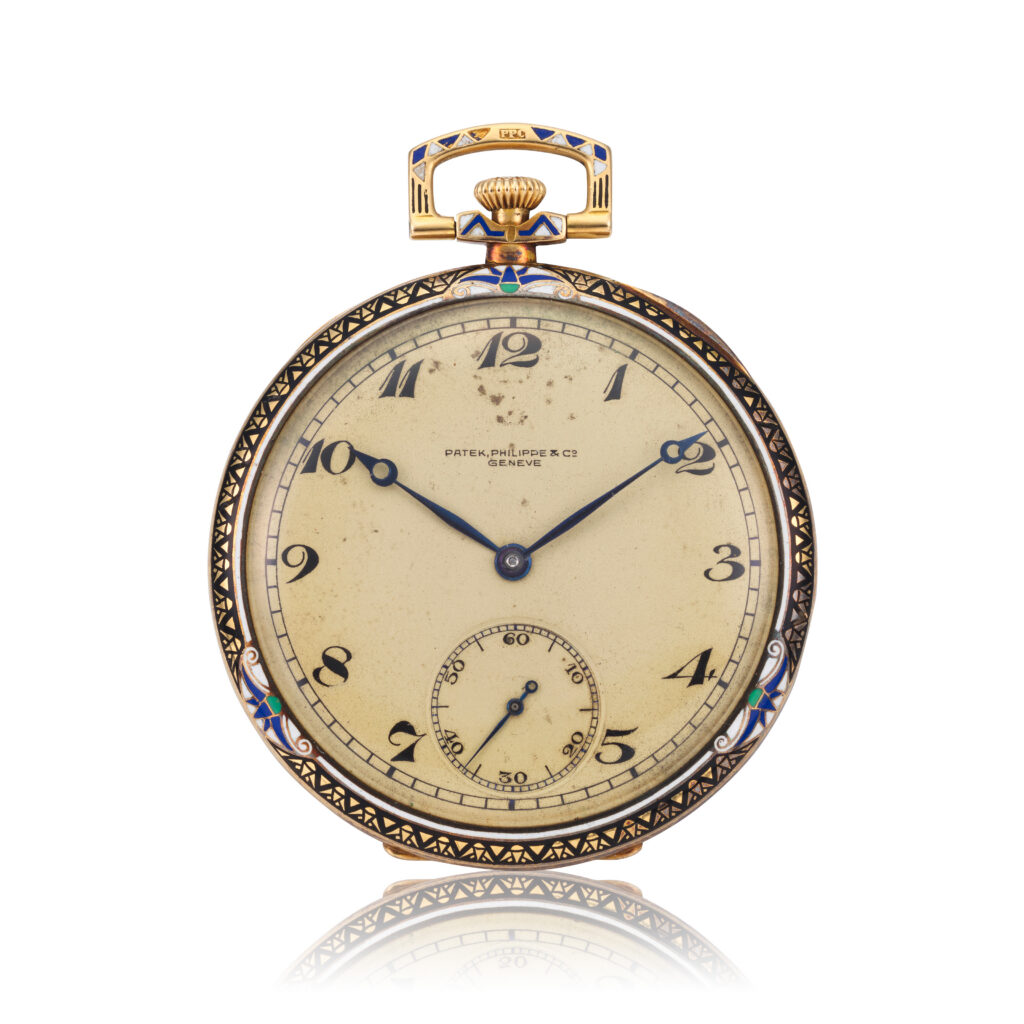 PATEK PHILIPPE YELLOW GOLD AND MULTI-COLOR ENAMEL POCKET WATCH
